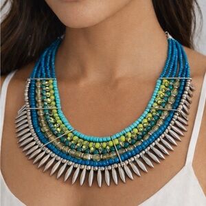 Trendy Boutique Vibrant Blue and Green Necklace with Silver Spikes